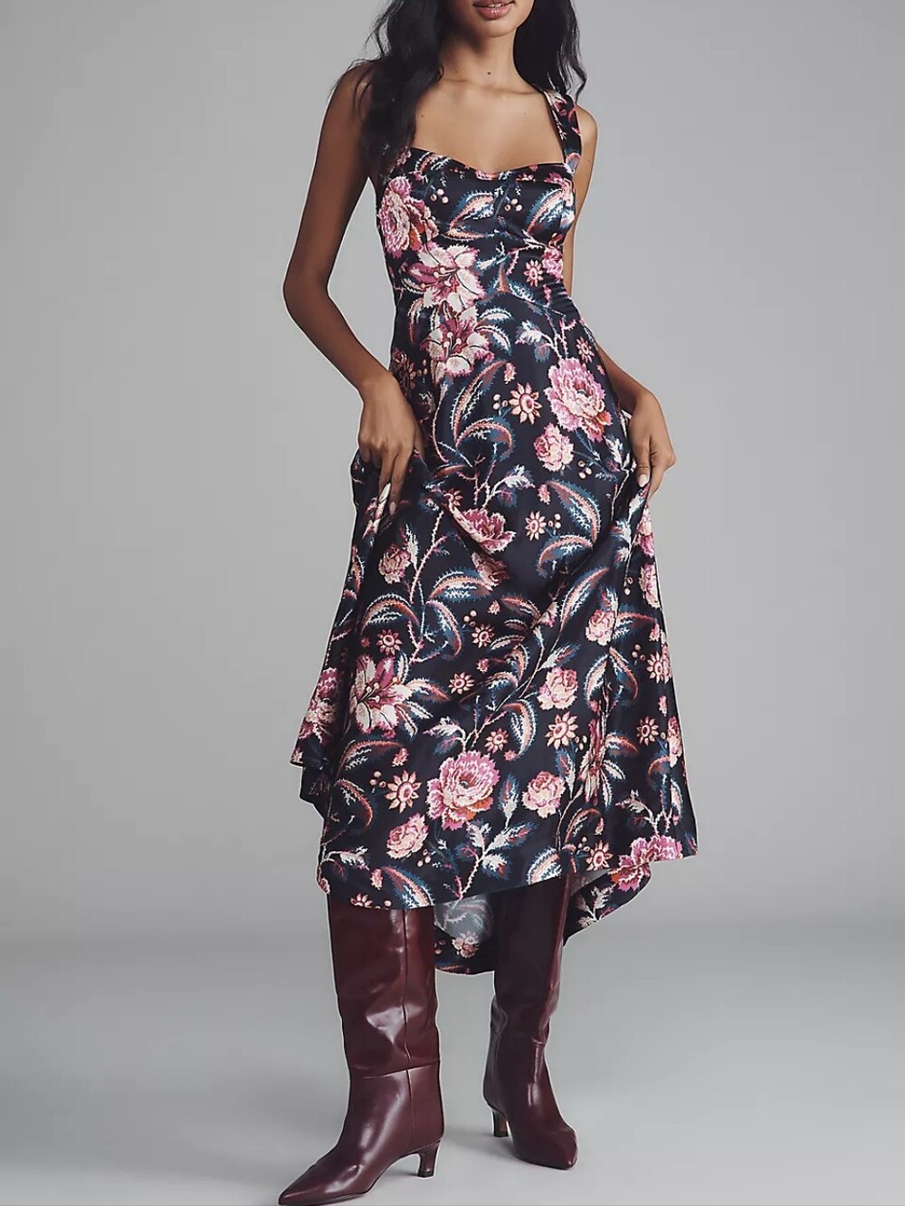 Anthropologie Black Floral Asymmetrical Midi Dress